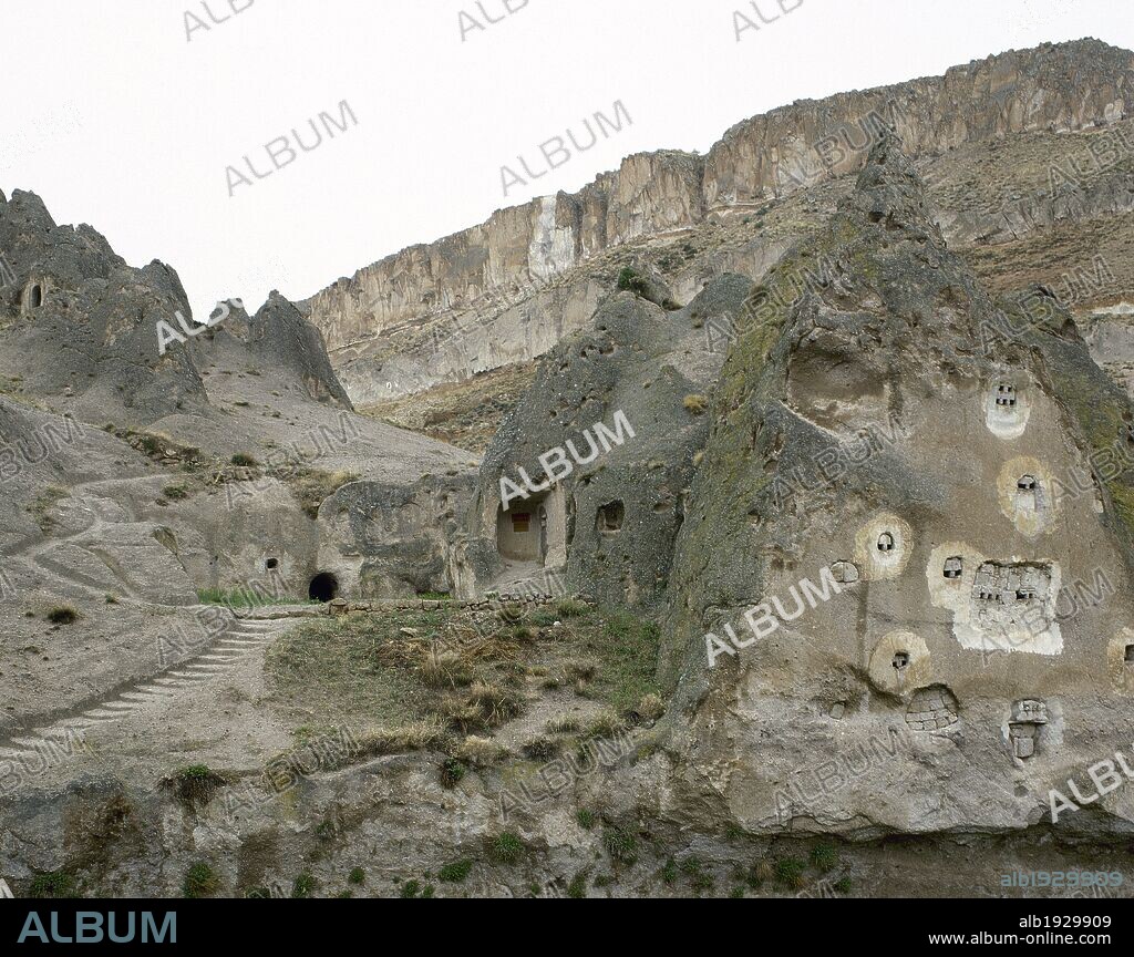 Rupestrian churches of the Soganli Valley. Saint Barbara Church. Its interiors are decorated with frescoes depicting scenes of Saints and the life of Christ. Cappadocia, Turkey.