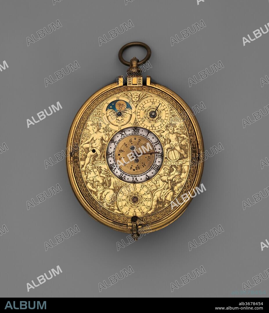 Clock-watch with sundial. Culture: Dutch, Haarlem. Dimensions: Overall: 3 1/2 × 2 7/16 × 2 5/16 in. (8.9 × 6.2 × 5.9 cm). Maker: Watchmaker: Jan Jansen Bockeltz (Dutch, active ca. 1590, died 1626). Date: ca. 1605-10.