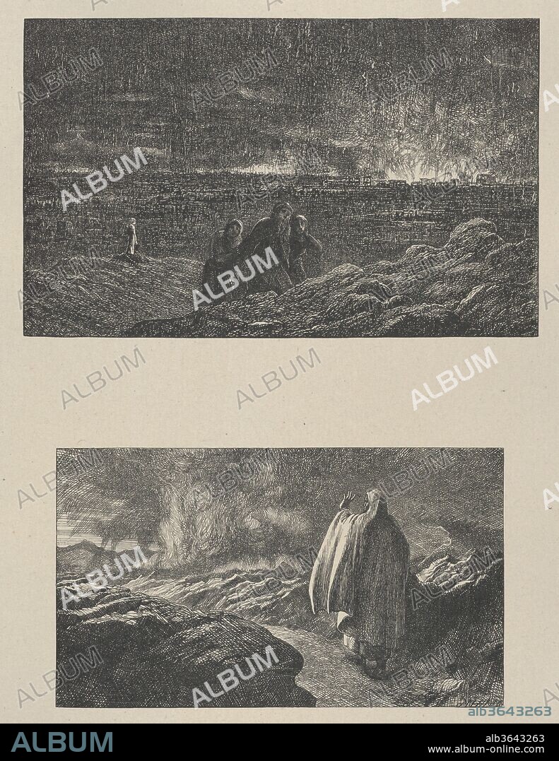 The Destruction of Sodom-Abraham Looking Towards Sodom (Dalziels' Bible Gallery). Artist: Thomas Dalziel (British, Wooler, Northumberland 1823-1906 Herne Bay, Kent). Dimensions: Image: 4 3/16 × 6 13/16 in. (10.7 × 17.3 cm)
Image: 3 7/16 × 5 15/16 in. (8.7 × 15.1 cm)
India sheet: 11 3/16 × 8 3/8 in. (28.4 × 21.2 cm)
Mount: 16 3/8 in. × 12 15/16 in. (41.6 × 32.9 cm). Engraver: Dalziel Brothers (British, active 1839-1893). Printer: Camden Press (British, London). Publisher: Scribner and Welford (New York, NY). Date: 1865-81.