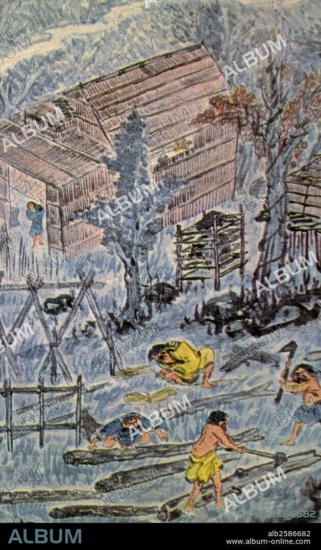 The large painting depicts different scenes of everyday life within an Ainu Village. By Tomioka Tessai (1837 - 1924) Japanese painter and Calligrapher in imperial Japan and one the first major artists of the Nihonga style. Dated 1870.