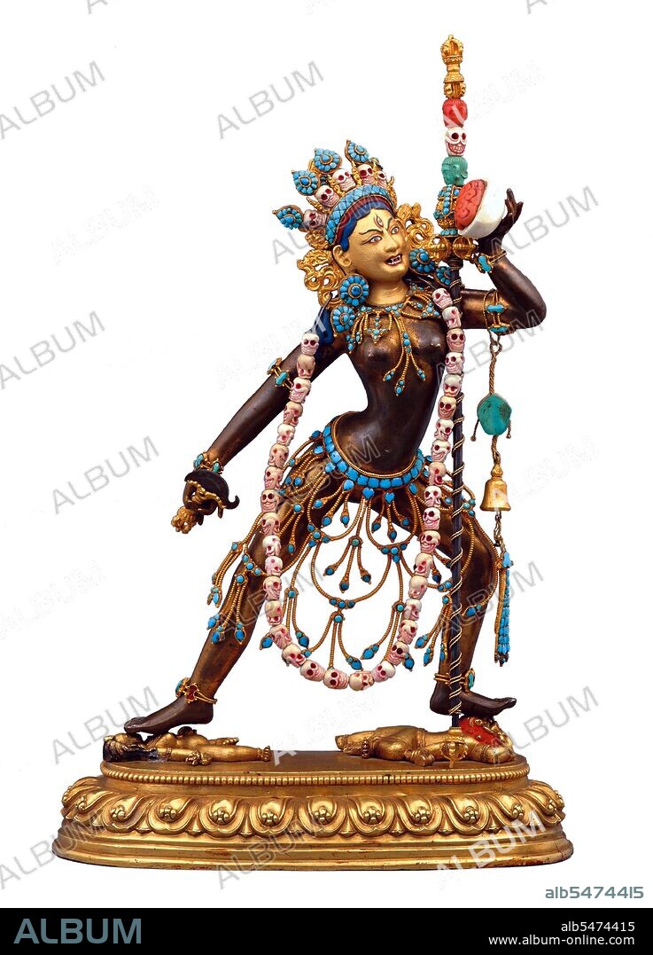 A dakini (Sanskrit: ?akini; Tibetan: khandroma) is a tantric deity described as a female embodiment of enlightened energy. In the Tibetan language, dakini is rendered khandroma which means 'she who traverses the sky' or 'she who moves in space'. Sometimes the term is translated poetically as 'sky dancer' or 'sky walker'. The dakini, in all her varied forms, is an important figure in Tibetan Buddhism. She is so central to the requirements for a practitioner to attain full enlightenment as a Buddha that she appears in a tantric formulation of the Buddhist Three Jewels refuge formula known as the Three Roots. Most commonly she appears as the protector, alongside a guru and yidam (enlightened being). Although dakini figures appear in Hinduism and in the Bön tradition, dakini are particularly prevalent in Vajrayana Buddhism and have been particularly conceived in Tibetan Buddhism where the dakini, generally of volatile or wrathful temperament, act somewhat as a muse for spiritual practice. Dakini are energetic beings in female form, evocative of the movement of energy in space. In this context, the sky or space indicates shunyata, the insubstantiality of all phenomena, which is, at the same time, the pure potentiality for all possible manifestations.