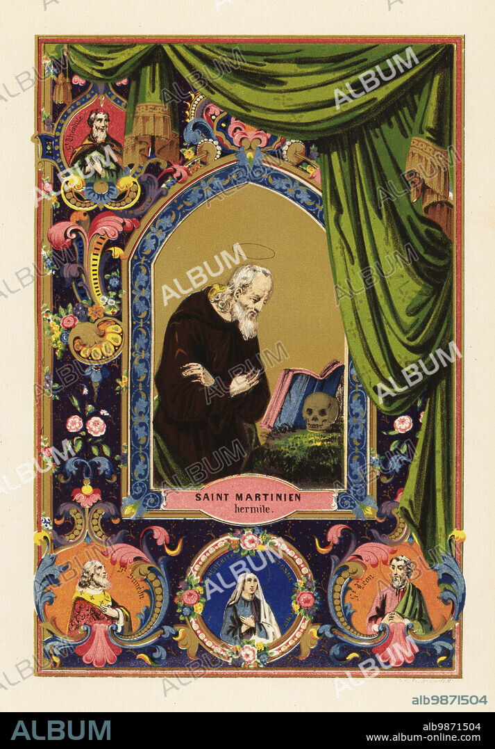 Portrait of Saint Martinian, hermit of Caesarea in Palestine, with halo, reading Bible leaning against a human skull, within decorative border of curtains and foliage. Vignettes of Saint Theodore of Amasea, Saint Theodule, martyr Saint Leon, Saint Margaret of Cortona and Saint Simeon. Chromolithograph from Legende Celeste, nouvelle histoire de la Vie des Saints, Celestial Legend, Lives of the Saints, Paul Mellier, Paris, 1845. Chromolithograph by Jules Desportes, professor of lithography at the Institut Royal des Sourds-Muets.