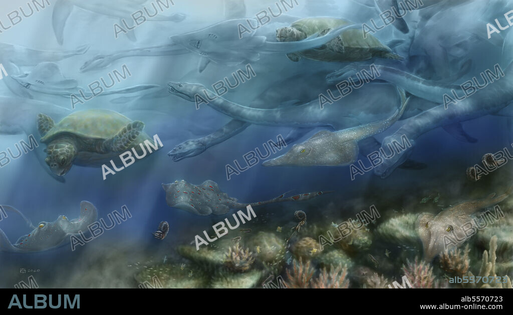 Early Cretaceous marine environment in the Boreal Sea (Westphalen, Germany). Includes Brancasaurus brancai (plesiosaur), Oertelia gigantea (turtle), Dasyatis (stingray), Spathobatis (guitarfish), Anahoplites & Ancyloceras (ammonites).