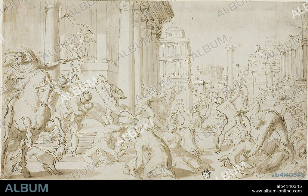 Massacre of the Innocents (recto); Figure Sketches (verso). School of Nicolas Poussin; French, 1594-1665. Date: 1614-1700. Dimensions: 195 × 332 mm. Pen and brown ink, with brush and brown wash, (recto), and graphite and pen and brown ink (verso), on ivory laid paper. Origin: France.