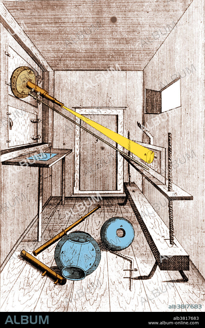 Projection of light through a telescopic lens. Interior of a room with telescoping lens mounted on a wall; light passes through the lens onto an apparatus against the opposite wall; other telescopic equipment is on the floor. Johann Zahn (1641-1707) was a German monk and author of Oculus Artificialis Teledioptricus Sive Telescopium (1685) which contains descriptions, diagrams, illustrations and sketches of both the camera obscura and magic lantern, along with various other lanterns, slides, projection types, peepshow boxes, microscopes, telescopes, reflectors, and lenses. The first camera that was small and portable enough to be practical for photography was envisioned by Zahn in 1685, but it would be almost 150 years before technology caught up to where this was possible to build.