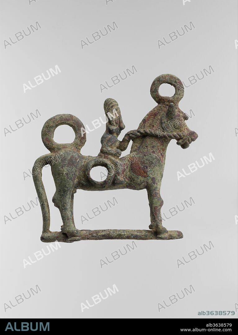 Horse bit cheekpiece in form of a horse and rider. Culture: Iran. Dimensions: 4.62 x 4.62 in. (11.73 x 11.73 cm). Date: 1st millennium B.C..