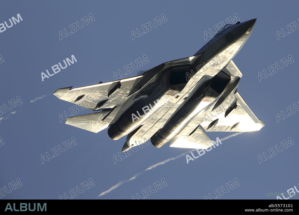 Sukhoi Su-57 (T-50) jet fighter of the Russian Air Force performing demonstration flight at MAKS-2019 airshow in Zhukovsky, Russia.