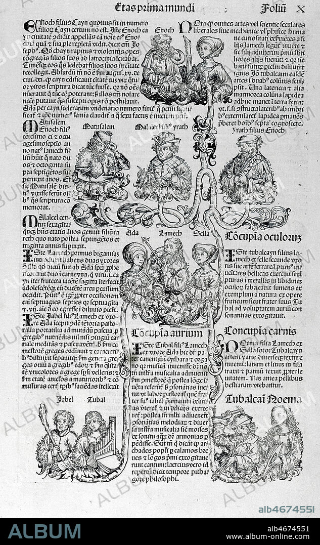 Arbre genealogique des patriarches bibliques et leurs fils dont Henoch, Mathusalem, Lamech, Jabel, Judah et Jubal-Cain. Incunable de Schedel in. Chroniques de Nuremberg de 1493. Credit : Collection Mx/KHARBINE-TAPABOR.