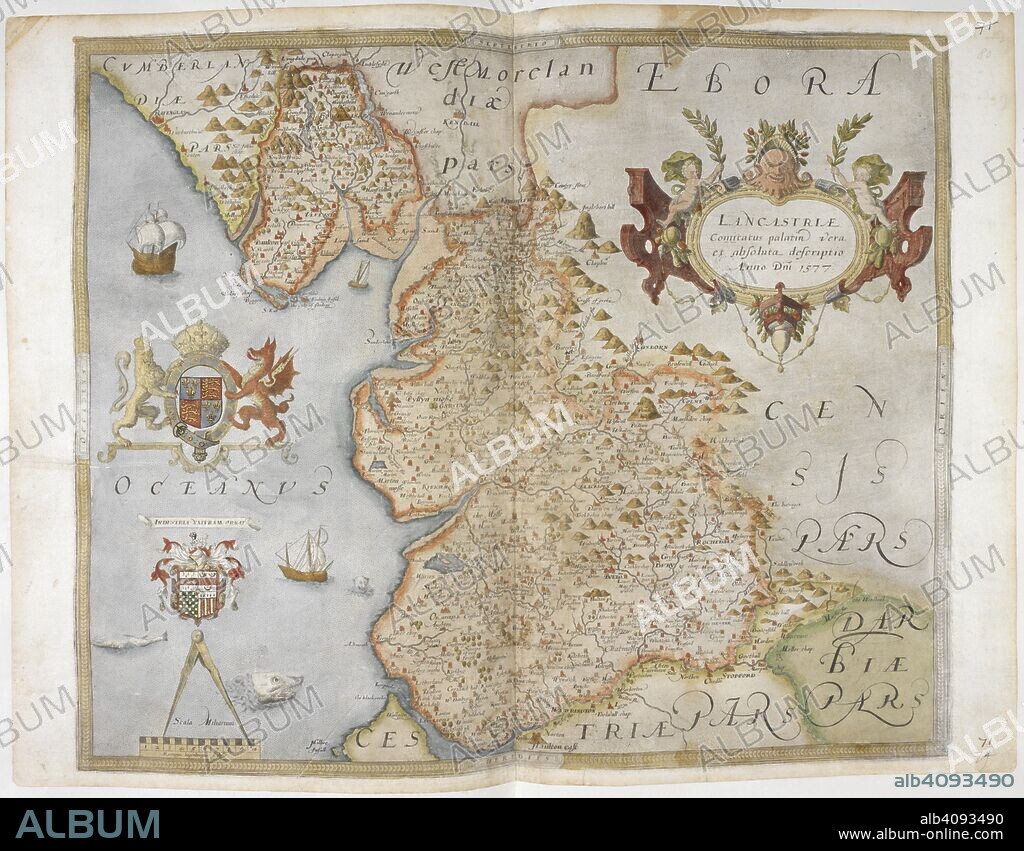 Map of Lancashire, 1577. Lord Burghley's Atlas. Maps of counties of England and Wales, printed and coloured; from drawings by Christopher Saxton. England [London], 1579. Source: Royal 18 D. III f.80. Language: English.