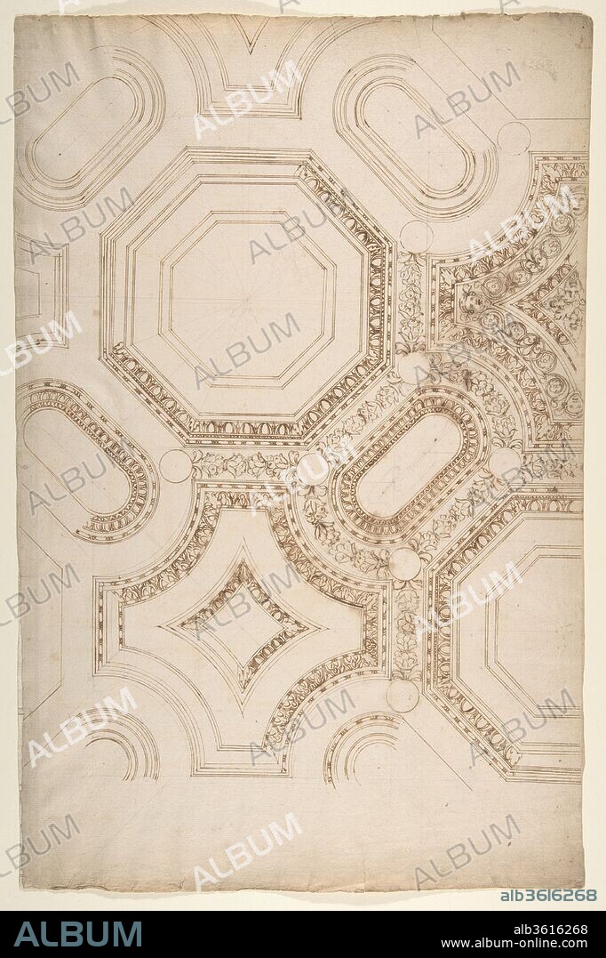 Palazzo Pontifici, Sala Regia, coffer panels, reflected ceiling plan (recto) blank (verso). Dimensions: sheet: 17 5/16 x 11 7/16 in. (44 x 29 cm). Draftsman: Drawn by Anonymous, French, 16th century. Date: early to mid-16th century.