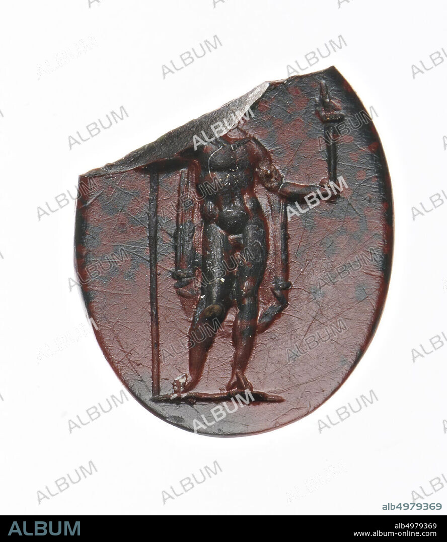 Vz: a naked man with chlamys hanging down from his shoulders, has a torch  upright in his left hand, a scepter in his right hand., Gem, intaglio,  ringstone, jasper, Color: - Album