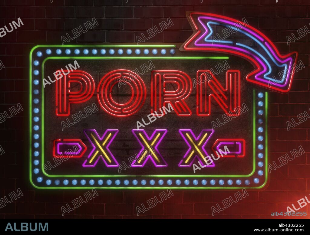 Illuminated neon advertisement sign for pornography. - Album alb4302255