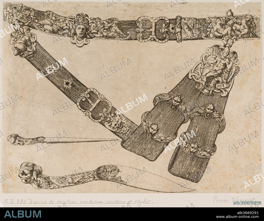 Design for a Sword-belt, Knife, and Stylus. Artist: Pierre Woeiriot de Bouzey II (French, Neufchâteau 1532-1599 Damblain). Culture: French. Dimensions: 7 3/16 x 9 3/4 in. (18.3 x 24.7 cm). Date: ca. 1555.
Pierre Woeiriot was trained as a goldsmith, but is renowned for his work as an engraver and printmaker. His prints feature his own original renderings of portraits, biblical scenes, religious emblems, jewelry, and rapier hilts. This engraving of a sword-belt with elaborate mounts, the latter no doubt intended to be executed in silver or gilt bronze, is among his rarest prints. Most of the sheet is devoted to a detailed depiction of an ornate sword-belt consisting of a waist belt, a diagonal strap (called the side-piece or <i>ceinturon</i>), and a sword hanger, which comprises two loops called slings. Each of these elements is adorned with elaborate figural fittings and buckles. In use, the scabbard of a sword or rapier would be held securely in the slings, with the diagonal strap keeping the scabbard at the desired angle. The initials PW (for Pierre Woeiriot) appear on the blade of an axe, seen just to the left of the figure of a Roman warrior, which is found on the fitting at the top of the slings. Arranged horizontally in the bottom left quarter of the sheet, below the diagonal strap, there is a stylet or bodkin above a knife, each with a complex figural grip.