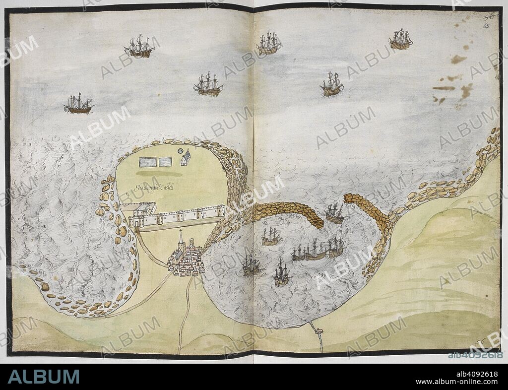 Coloured plan of Scarborough Castle, on the Yorkshire coast. . Lord Burghley's Atlas. Maps of counties of England and Wales, printed and coloured; from drawings by Christopher Saxton. England [London], 1579. Source: Royal 18 D. III f.65. Language: English.