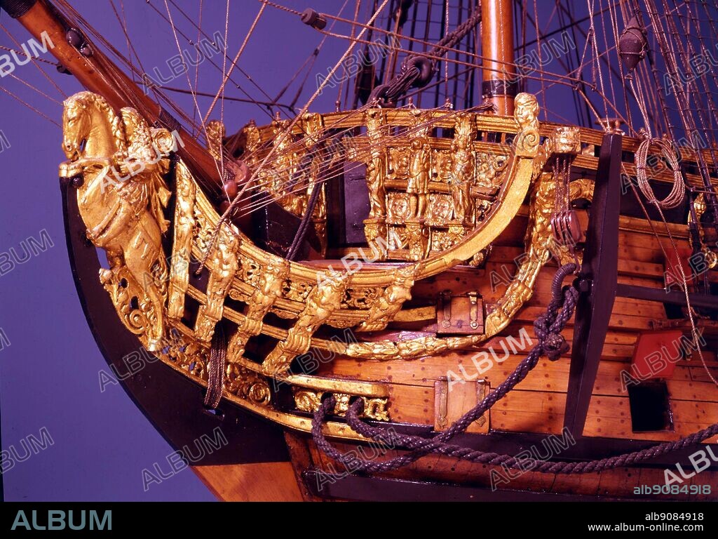 Contemporary model of HMS Prince bow detail. In 1670, The Prince, Chatham's first major warship, was launched. A replacement of the Royal Prince, it was used to re-establish the English superiority over the Dutch. HMS Prince was the finest English first rate ship of the 17th century. The Prince was a large ship: with a burden of 1,463 tons and a keel length of 131 feet, she carried a wartime compliment of 780 men and was armed with 100 guns. The service career of the Prince began in 1672 when she carried the flag of the Duke of York, then Lord High Admiral of England and later King James II at the battle of Solebay, in the third Dutch War. In the mid 17th century it was common practice to build an accurate scale model of the larger ships designed, and to submit these models to the Admiralty and the King for approval. Few of these models survived.