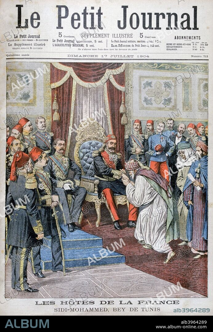 Audience with Muhammad IV al-Hadi, the Bey of Tunis, 1904. Tunisia became a French protectorate in 1881, although it continued to be nominally governed by its traditional rulers, the Beys. An illustration from Le Petit Journal, 17th July 1904.