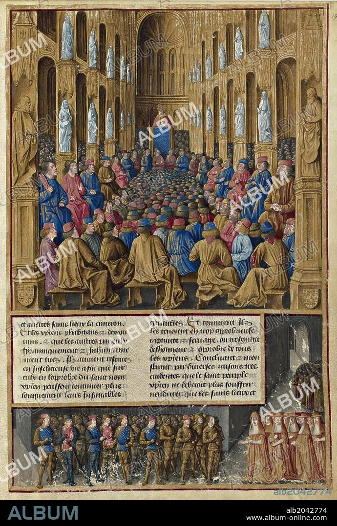 Pope Urban II preaches for 1st crusade at Council of Clermont 18.11.1095 in cathedral to audience by Jean Fouquet.