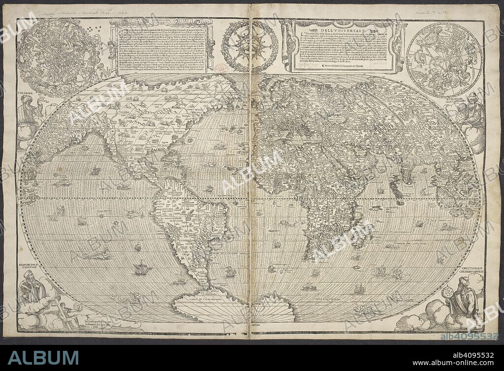 GIACOMO DI GASTALDI. Map of the world. Dell' Universale. L'Universale Orbe della Terra ... [By] Iacomo Gastaldo Cosmographo. [On the Elliptical projection. Equatorial axis 29 1/2 inches, Polar axis 16 1/4 inches, engraved on wood]. Venetia : Matio pagan in Frezaria al Segno della Fede, [1550]. Source: Maps.C.7.c.17.