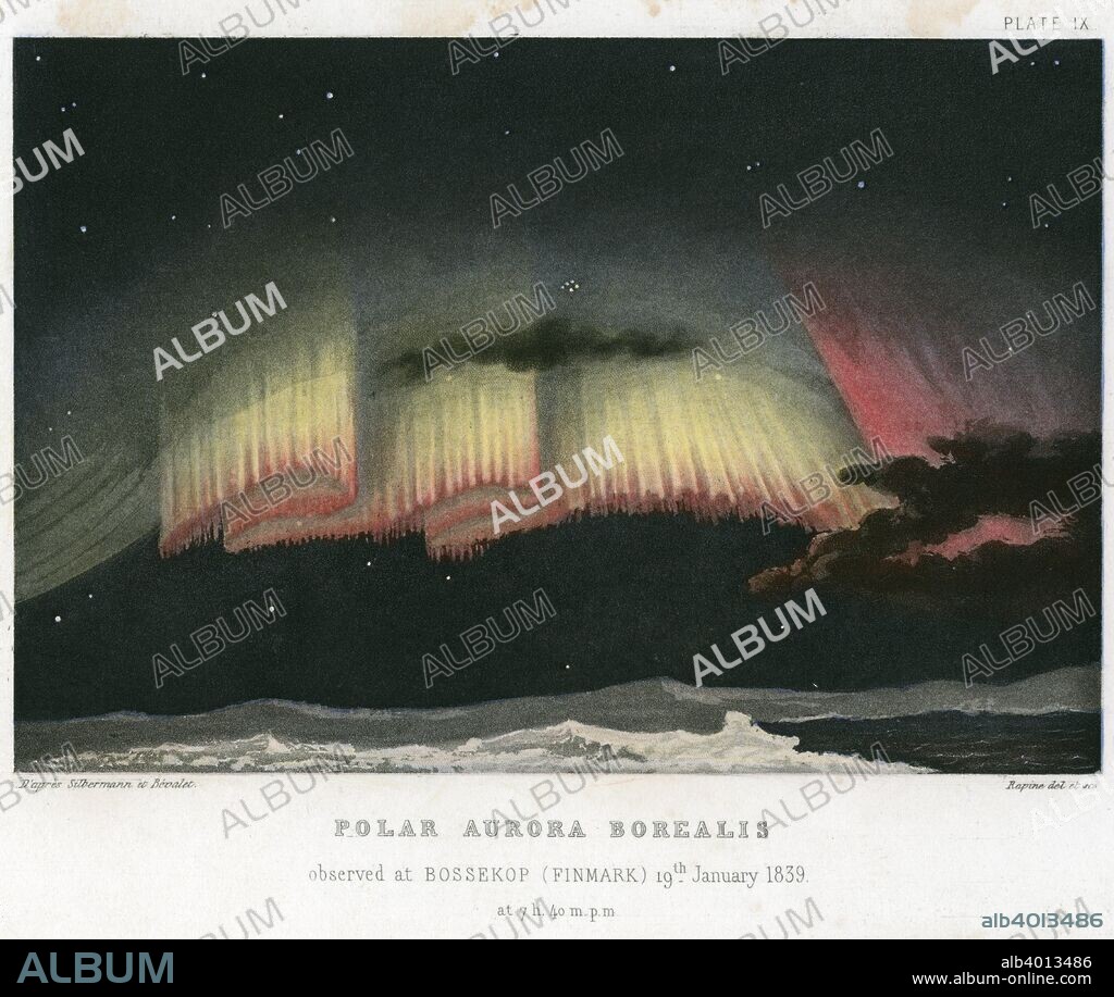 Aurora Borealis or Northern Lights, curtain form, 1839 (1872). Observed at Bossekop, Norway, 19 January 1839. Aurorae are caused by the interaction of the particles in the solar wind with the Earth's magnetic field. The phenomenon is most visible in polar regions but in times of intense solar activity can be seen at lower latitudes as well. From The Forces of Nature by Amedee Guillemin. (London, 1872).