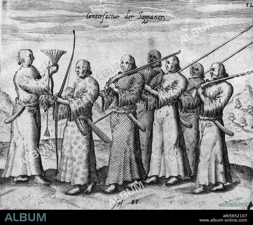 Ethnology / Japan. "The first Japanese seen by the Dutch from their ship in Manila". Copper engraving by Theodor de Bry (work shop). From: Collectiones in Indiam orientalem (...), 1634.