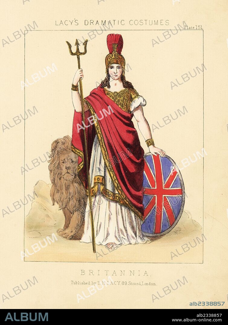 Britannia, emblematic figure, 19th century. Woman in Roman centurion helmet, tunic and cape, holding a shield and trident, with lion behind her. Handcoloured lithograph from Thomas Hailes Lacy's "Female Costumes Historical, National and Dramatic in 200 Plates," London, 1865. Lacy (1809-1873) was a British actor, playwright, theatrical manager and publisher.