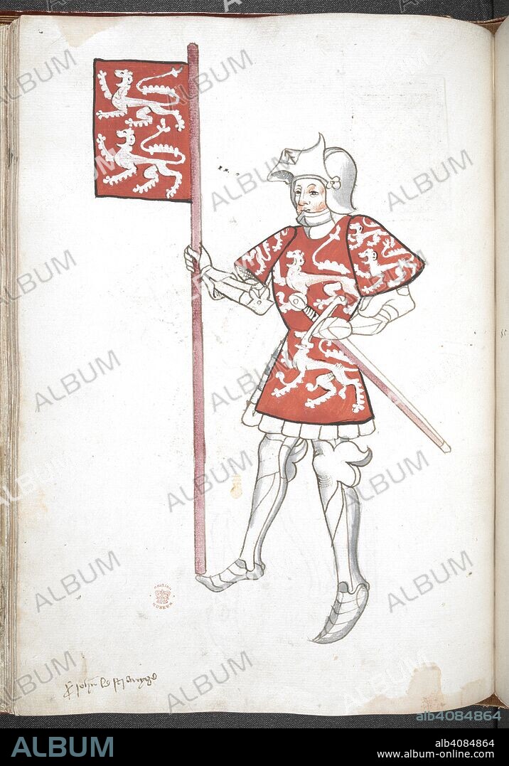 ROGER LEGH. Knight, in armour and tabard, holding a sword and a standard with banner and arms. Legh's Men of Arms (manuscript also known as Sir Thomas Holme's Book of Arms). Part 3 ff. 41-112. England, S. E. (probably London). Last quarter of the 15th century or 1st quarter of the 16th century. Numerous coloured drawings of knights in armour and tabard. Source: Harley 4205 f.70v. Language: French (names of the knights). Gothic cursive.