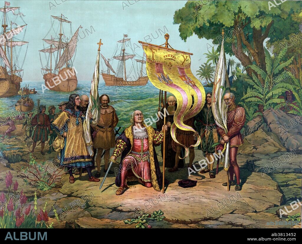 Entitled: "Columbus taking possession of the new country" showing Columbus kneeling, holding flag and sword with two other men holding flags. There are other men on land and in boats behind Columbus and three ships in background. Christopher Columbus (October 30 or 31, 1451 - May 20, 1506) was an Italian explorer, colonizer, and navigator. He completed four voyages across the Atlantic Ocean that led to European awareness of the American continents. During his first voyage in 1492, instead of reaching Japan, he landed in the Bahamas archipelago, which he named San Salvador. Over the course of three more voyages, he visited the Greater and Lesser Antilles, the Caribbean coast of Colombia and Venezuela, claiming them for the Spanish Empire. His efforts to establish permanent settlements in the island of Hispaniola, started Spanish colonization, which foreshadowed the general European colonization of the "New World". Though Columbus was not the first European explorer to reach the Americas, his voyages led to the first lasting European contact with the Americas, inaugurating a period of European exploration, conquest, and colonization that lasted for several centuries. Chromolithograph by L. Prang & Company, 1893.