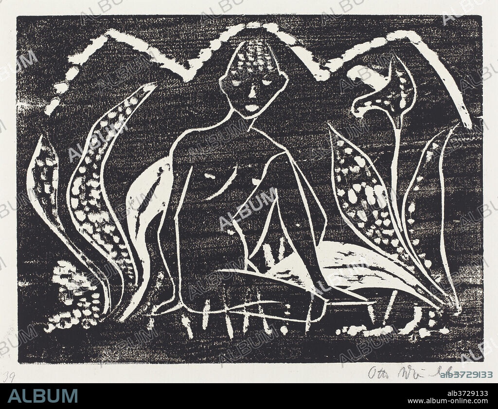 OTTO MÜLLER. Nude Figure of a Boy in a Landscape (Knabe zwischen  Blattpflanzen). Dated: 1912. Medium: woodcut. - Album alb3729133