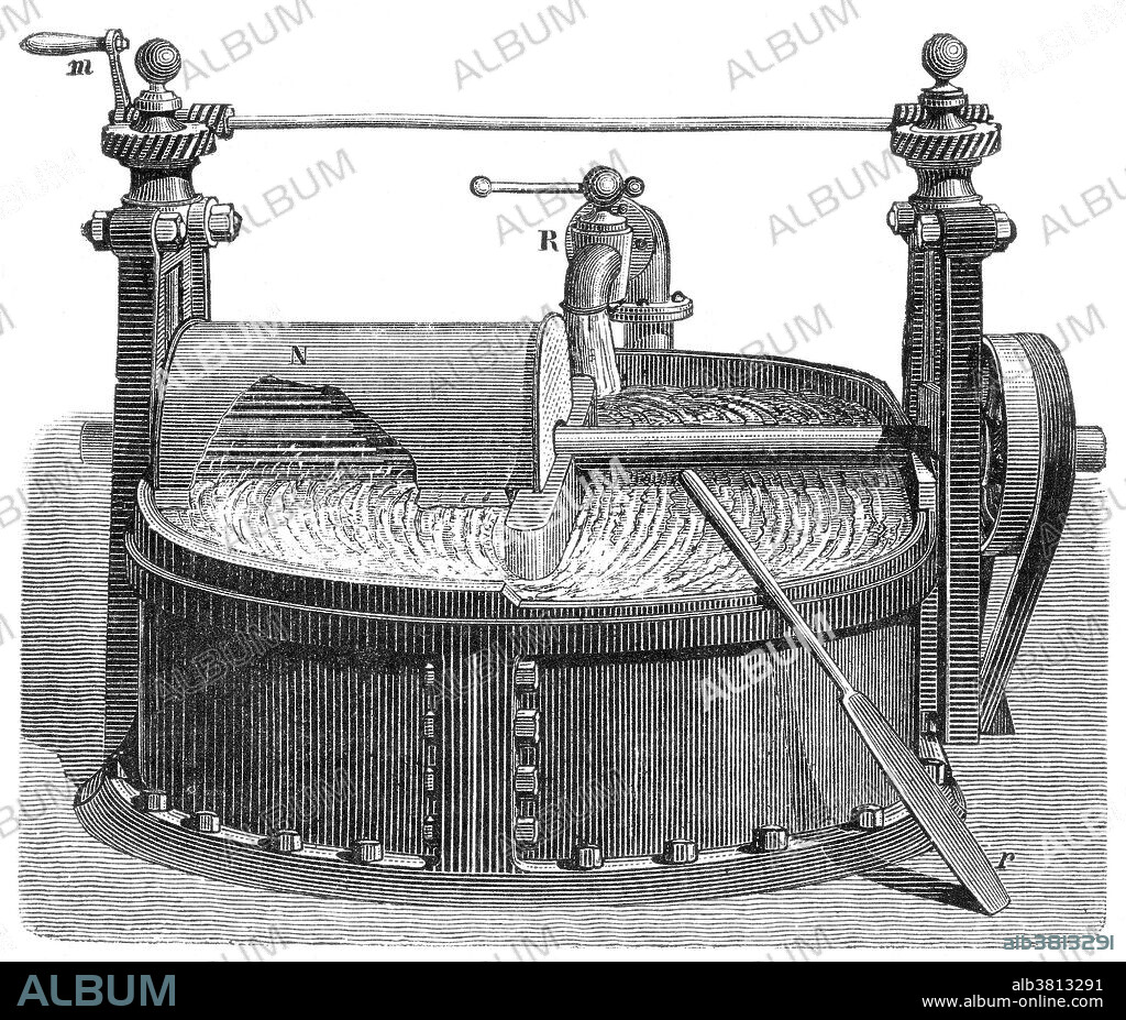 Digester to process rags by boiling caustic soda (sodium hydroxide, lye). Cotton paper is made from cotton linters or cotton from used cloths (rags) as the primary material source, hence the name rag paper. Cotton paper is superior in both strength and durability to wood pulp-based paper, which may contain high concentrations of acids. It was not until the introduction of wood pulp in 1843 that paper production was not dependent on recycled materials from ragpickers. To expedite the pulping process the rag engine was invented in Holland in the late 17th century. This device emerged as an alternative to mechanical stampers. The beater, also known as a "hollander," consisted of a tub filled with rags and water, which were beaten to pulp by a set of rotating blades powered by a windmill, or later a waterwheel.