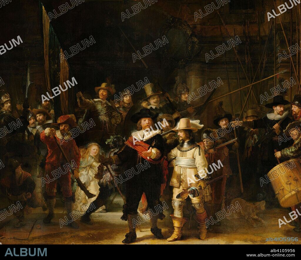 REMBRANDT. Militia Company of District II under the Command of Captain Frans Banninck Cocq, Known as the 'Night Watch'. Officers and other civic guardsmen of District II in Amsterdam, under the command of Captain Frans Banninck Cocq and Lieutenant Willem van Ruytenburch, known as 'The Night Watch'. Dating: 1642. Place: Amsterdam. Measurements: h 379.5 cm × w 453.5 cm × w 337 kg × w 170 kg.