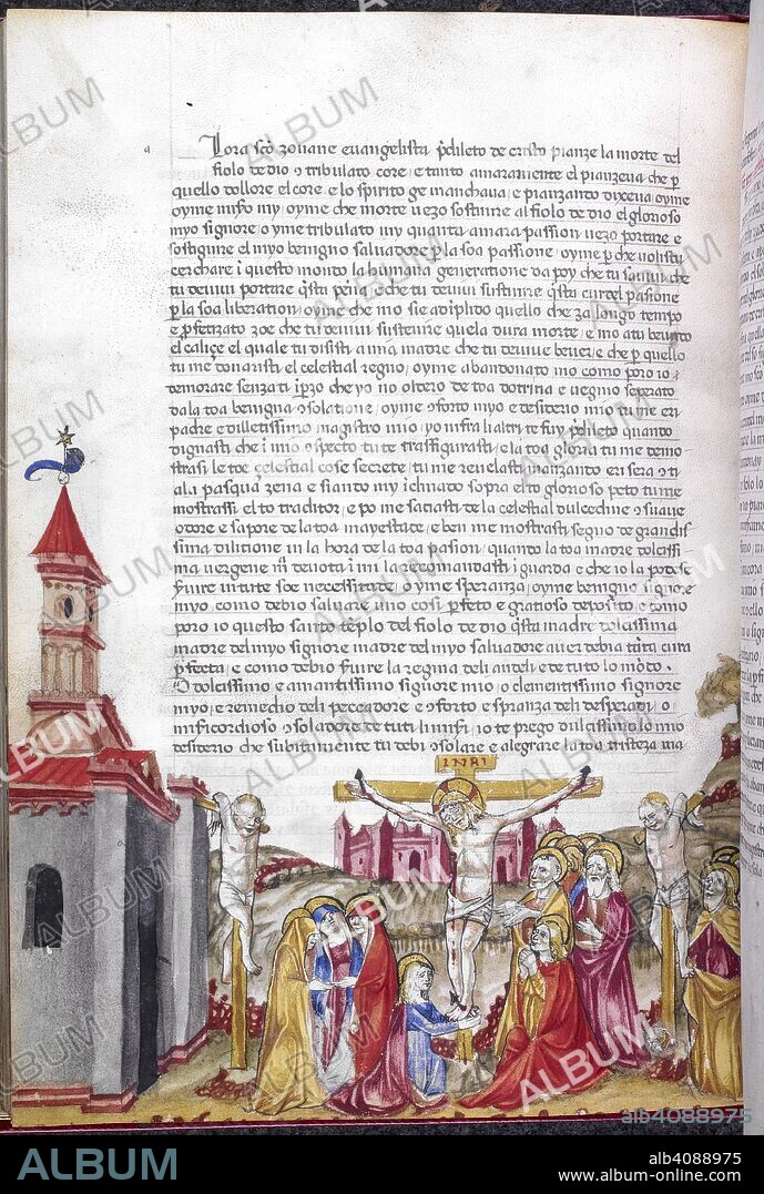 Miniature of the Crucifixion with John the Evangelist and the Virgin Mary kneeling at the base of the cross. History of the Holy Family; excerpts from the Gospels. Italy; 1st half of the 15th century. Source: Harley 3571, f.69v. Language: Italian and Latin.