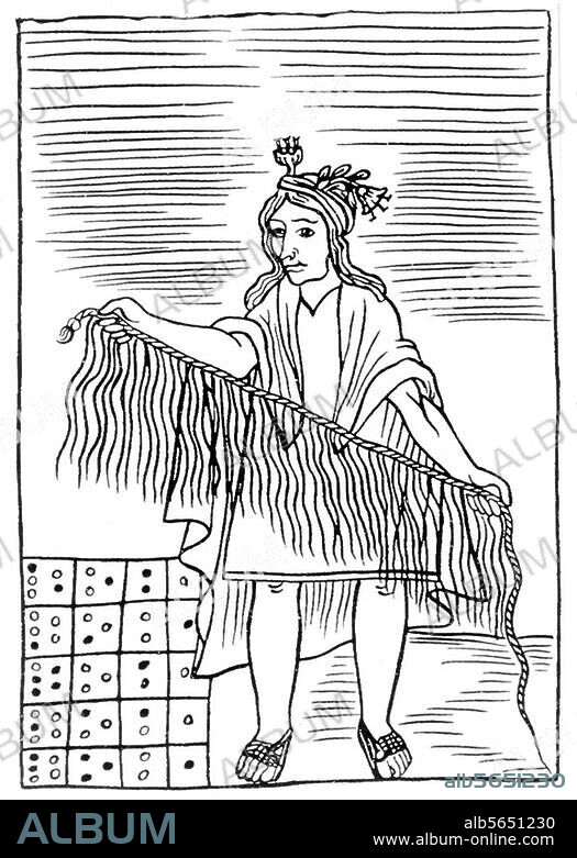FELIPE GUAMAN POMA. Ethnology / America. - Quipu (Ancient method of recording information, events etc. by knotting threads of various different colours). Wood cut, c. 1560/99, from the picture chronicle of Felipe Huaman Poma de Ayala.