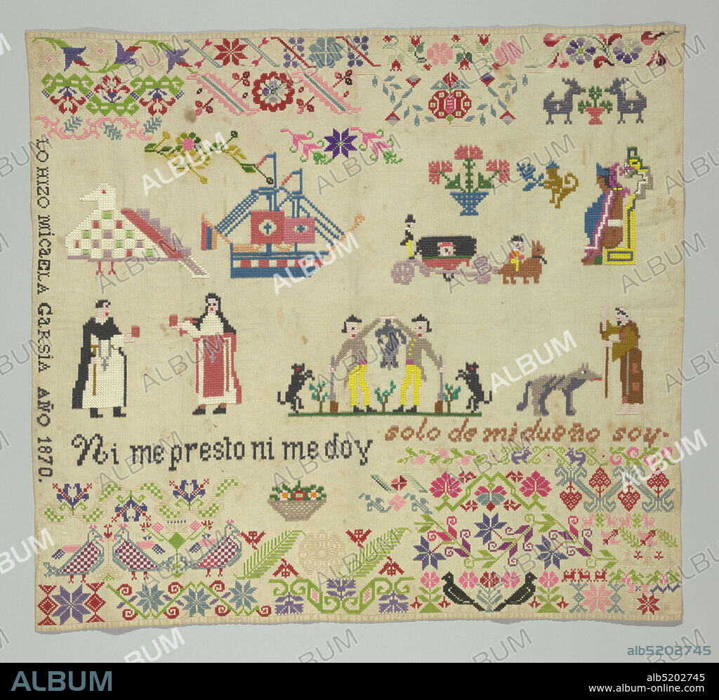 Sampler, Micaela Garsia, Medium: wool, silk, and cotton embroidery ...