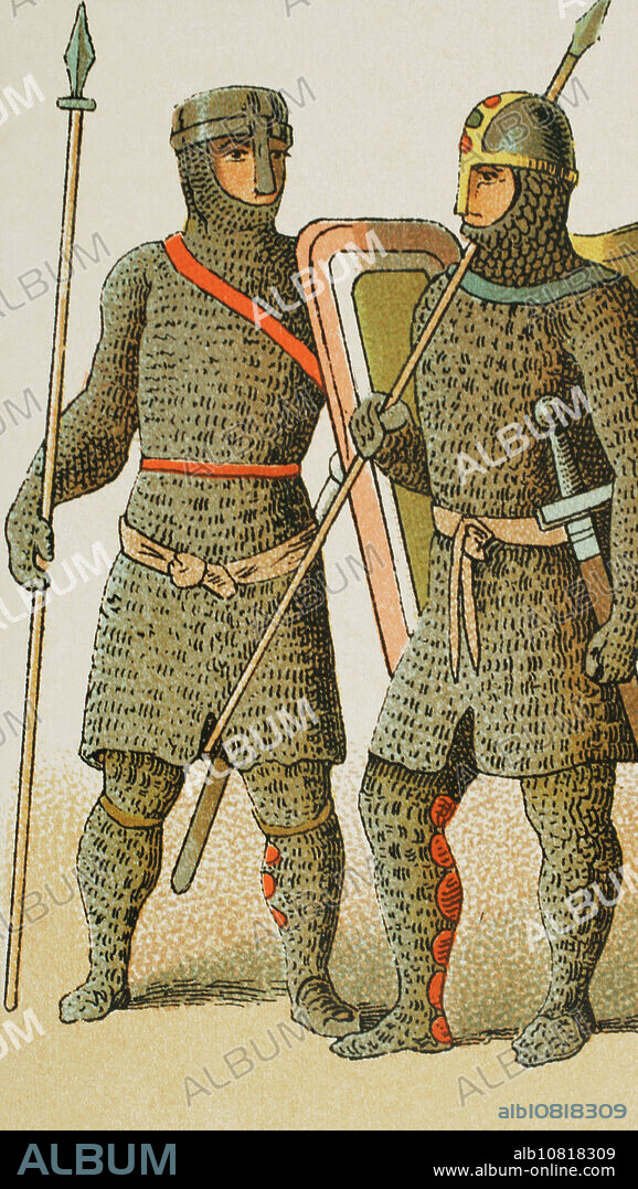 Holy Roman Empire, 1000-1100. Warriors. Chromolithography. "Historia Universal", by César Cantú. Volume V, 1884.