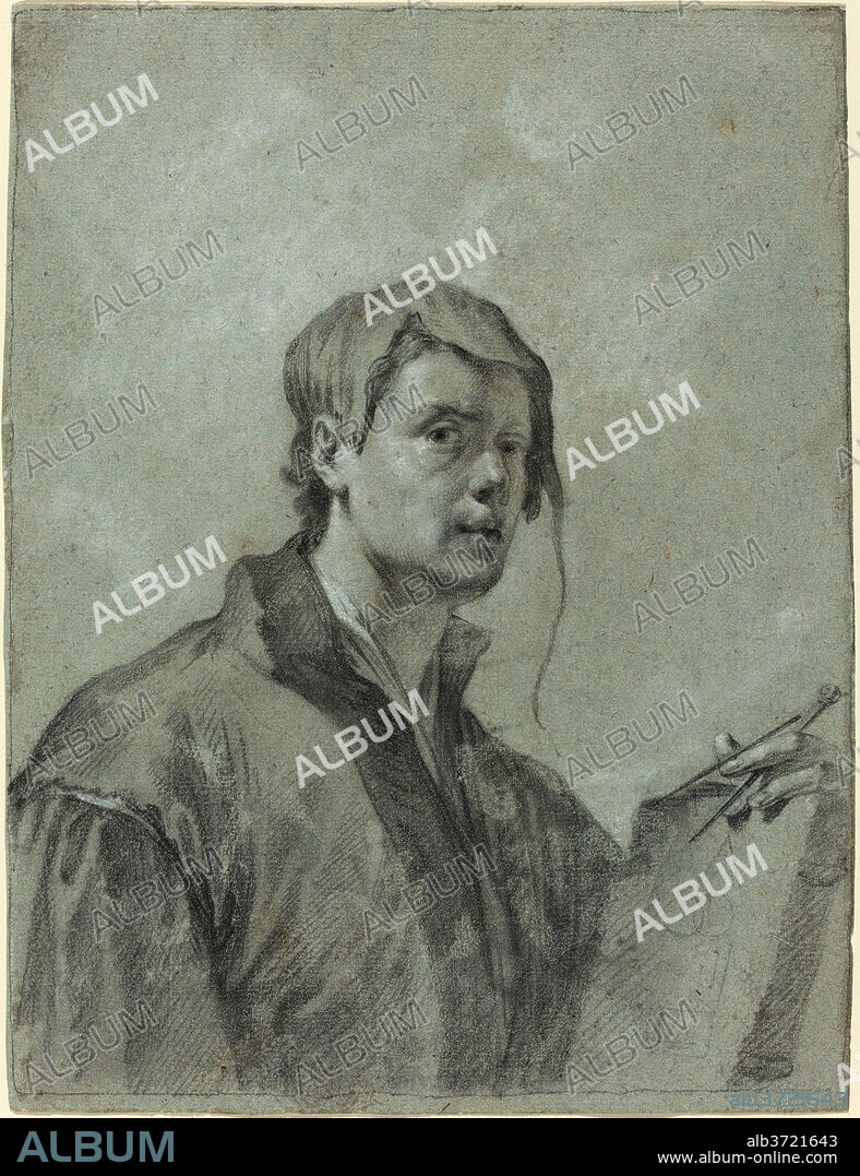 AFTER WILLEM DROST. An Artist Holding a Book and Compass. Dimensions: overall: 28.4 x 21.7 cm (11 3/16 x 8 9/16 in.). Medium: black chalk heightened with white on blue laid paper.