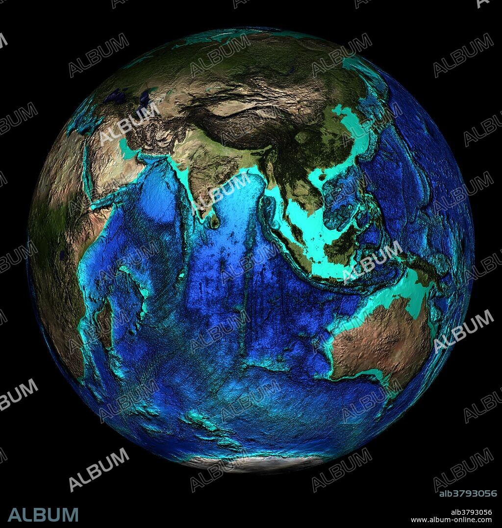 Topographical map of the Earth, centered on 0 degrees North, 90 degrees East. The major land masses shown here are India, Southeast Asia and Australia surrounded by the Indian Ocean. The seas and oceans are color-coded by depth and land colors are based on MODIS true-color data from the Terra satellite in 2004 where darker regions represent highlands. Turquoise regions represent the continental shelf and descend to around 150 meters before dropping off abruptly at the shelf break. The descent of the continental slope to the ocean floor is shown as increasingly dark shades of blue.