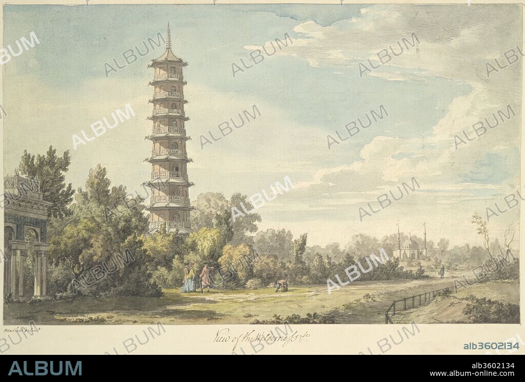 View of the Wilderness at Kew. Architect: Sir William Chambers (British (born Sweden), Göteborg 1723-1796 London). Artist: William Marlow (British, Southwark, London 1740/41-1813 Twickenham, London). Dimensions: Sheet: 11 1/16 x 17 13/16 in. (28.1 x 45.2 cm). Date: 1763.
The magnificent Chinese Pagoda of Kew Gardens, designed in 1757 by William Chambers, has always attracted much attention. In the mid-eighteenth century, the pagoda fueled a rage for such buildings throughout Europe, and even today remains one of London's main tourist attractions. This sheet forms part of an album with delicately rendered watercolor drawings made by Marlow after Chambers's designs, later published as Plans, Elevations, Sections and Perspective Views of the Gardens and Buildings of Kew in Surrey, the Seat of Her Royal Highness, the Princess Dowager of Wales (London, 1763). In addition to this general view, there are three other detailed and architecturally precise drawings of the pagoda in the album, showing its design, construction, and decoration. At a time when a general vogue for chinoiserie was based on imaginative visions of the Orient rather than accurate information, Chambers, who visited China in the 1740s, was able to create stylistically accurate, authentic designs. His findings were published in Designs for Chinese Buildings (1757) and in Dissertation on Oriental Gardening (1772), his most influential work on garden architecture.