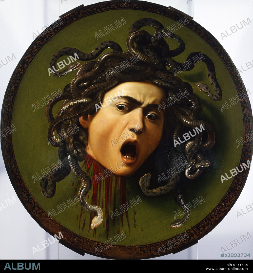 CARAVAGGIO. Medusa. Date/Period: From 1597 until 1598. Painting. Oil on canvas. Height: 60 cm (23.6 in); Width: 55 cm (21.6 in).