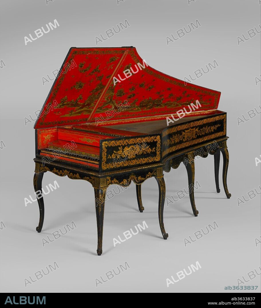 Harpsichord converted to a piano. Culture: French. Dimensions: Height (without lid): 36 7/8 in. (93.6 cm)
Width (parallel to keyboard): 36 3/4 in. (93.3 cm)
Depth (perpendicular to keyboard): 95 3/16 in. (241.7 cm). Maker: Jean Goermans (Dutch, active France, Gelden, The Netherlands 1703-1777 Paris). Date: 1754.
The harpsichord reached its greatest popularity and refinement in eighteenth century France. The French Revolution of 1789 and subsequent turmoil caused many of these beautiful instruments to be destroyed. This example is a rare survivor that was later converted to a piano in the late eighteen or nineteenth century. 
The harpsichord case painted black and decorated in gilt with musical trophies, flowers, floral borders, and small pamels of lattice diaper. Separate stand with seven cabriole legs and scroll feet with carved acanthaus ornaments. The inside of the case is painted red with chinoiserie decorations in black and gold. The inside lid decorations include an Asian style pavilion and multiple Asian musicians playing European instruments including the violin, viola da gamba, hurdy gurdy, and harpsichord. The lid also features exotic birds and large flowers. The sound board is decorated with polychrome flowers and a large parrot. Around the rose is a large floral arrangement and the makers name: IOANNES GOERMANS. The soundhole rose is gilded pewter with an angel and lyre and the initials IG. 
The instrument originally had two-manuals and three sets of strings (two eight foot registers and a four foot register). In the conversion, the top keyboard was removed and the four foot bridge and strings were also removed (and the hitchpin holes plugged). The lower keyboard has 61 keys (FF-f3) with ebony naturals and bone slips over painted accidental blocks. The removal of the upper keyboard and the jacks provided room for a simple piano mechanism based on the German prellmechanik.