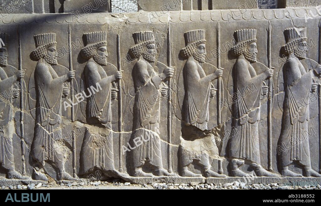 Persepolis. Reliefs of the monumental stairways of the Apadana or Audience Hall (5th-6th centuries BC). Relief of the Immortals, Persian imperial guard with spears and shields, detail. Xerxes I (486-465 BC) and Artaxerxes I (464-425 BC) period. Islamic Republic of Iran.