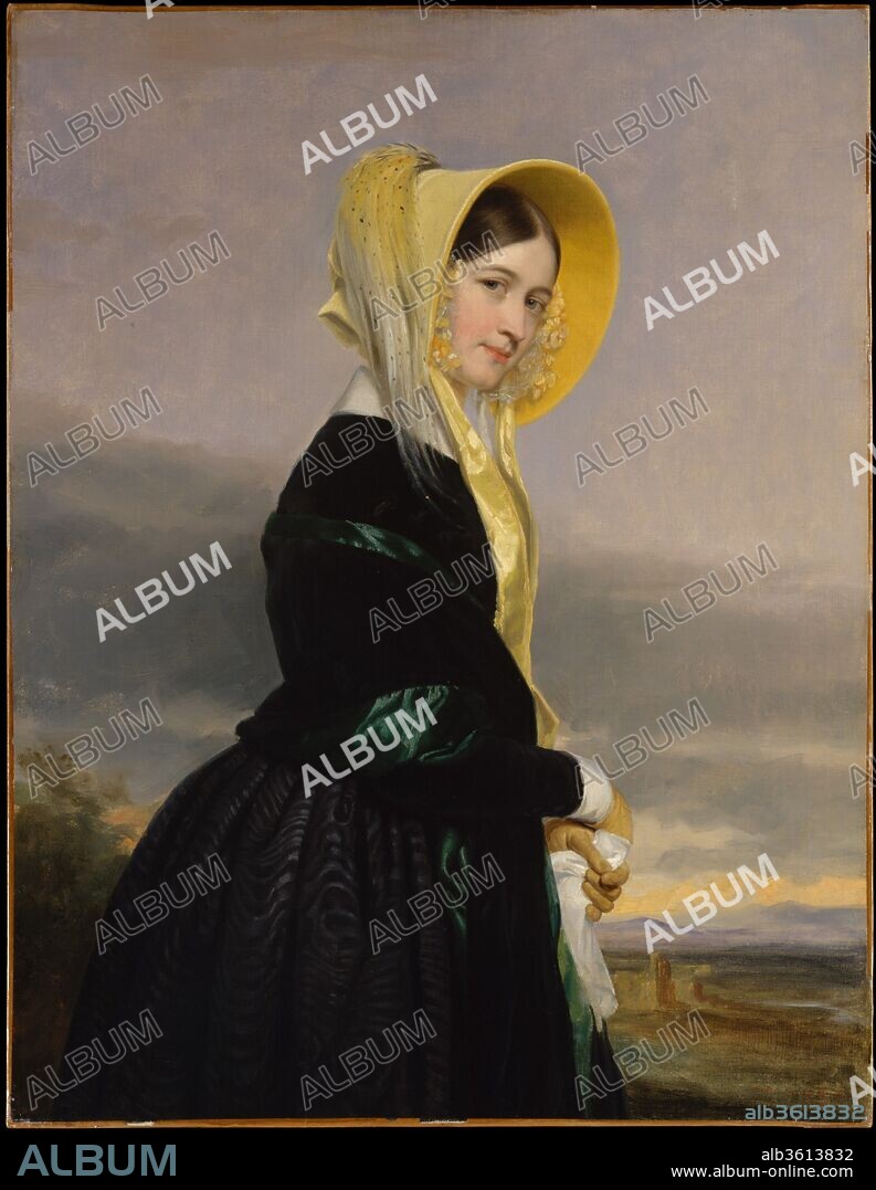 Euphemia White Van Rensselaer. Artist: George P. A. Healy (1813-1894). Dimensions: 45 3/4 x 35 1/4 in. (115.1 x 89.2 cm). Date: 1842.
Euphemia Van Rensselaer (1816-1888) was the daughter of Stephen Van  Rensselaer (see 54.51) and the sister of Alexander Van Rensselaer (see  61.70). She was born on the family manor, Rensselaerswyck, near  Albany, New York, and inherited a portion of her father's vast estate  in 1839. This picture was painted in 1842, the year before her  marriage to John Church Cruger, a prominent lawyer with whom she  settled on Cruger's Island near Barrytown, New York. Healy painted the  portrait in Paris, where he executed works for visiting Americans as  well as for the French king, Louis Philippe. He blends both lavish  detail and texture with a sensitive portrayal of character before a  setting suggestive of the Roman campagna from which the sitter had  just returned. The portrait, which shows the influence of the  German-born painter Franz Xavier Winterhalter, demonstrates a stunning  simplicity, grace, and vivacity rarely equalled in Healy's oeuvre.