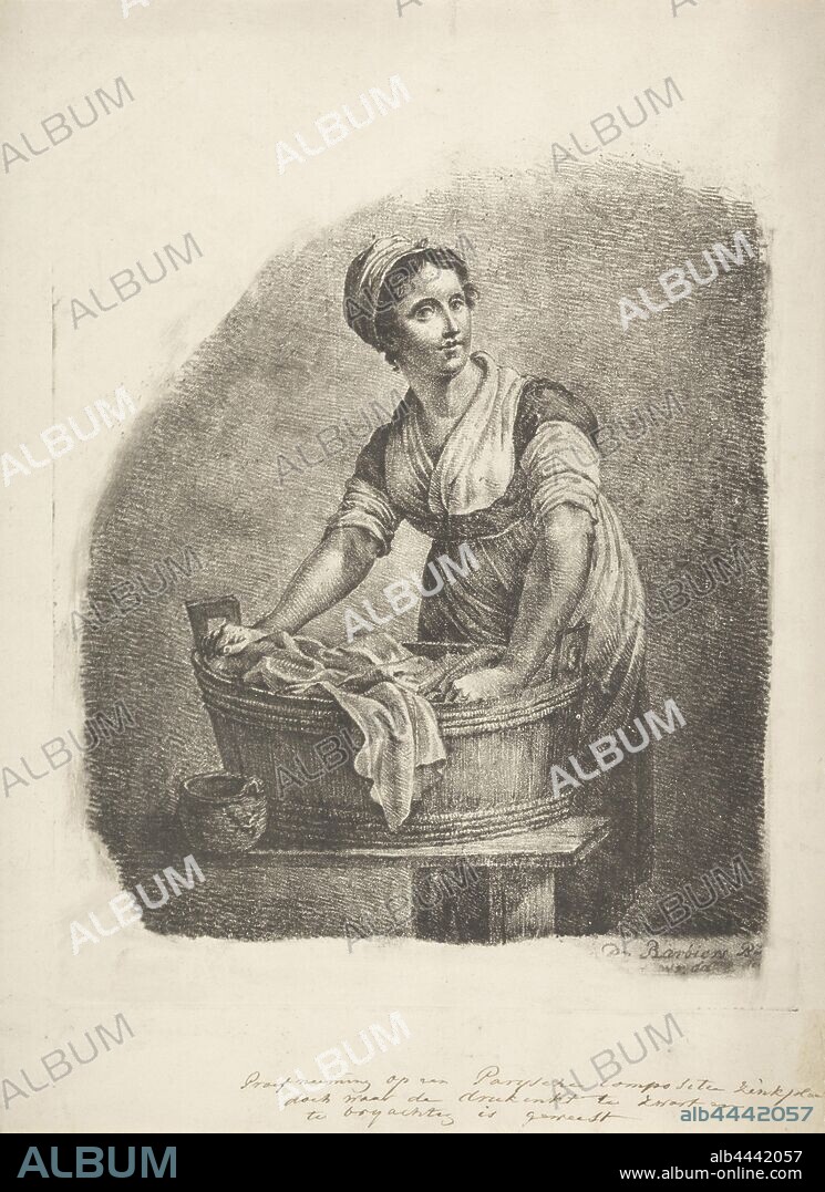 Woman at a washtub, A woman is bent over a table with a tub on it. She has  her hands in the tub with laundry, laundering, wash house, home laundry,  laundry room,