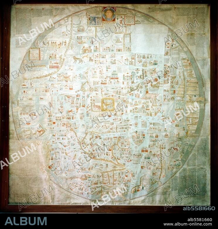 Geography:. Maps / Maps of the World. The Ebstorf map of the world. (the world as a flat disk with Jerusalem as the centre); c. 1283. On parchment (30 sheets), dm 3.5m. Formerly at Ebstorf Monastery nr. Ülzen, aft. 1845 at the Provinc. Museum Hannover, lost in 1943 during the war.