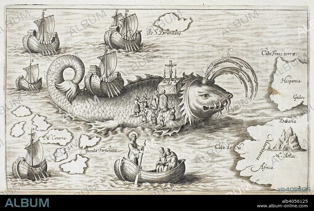 HONORIUS PSEUD. [I. E. GASPAR PLAUTIUS] PHILOPONUS. St.Brendan and crew on a whale. Nova typis transacta navigatio: Novi Orbis India Occidentalis, etc. 1621. Source: G.7237, opposite 13.