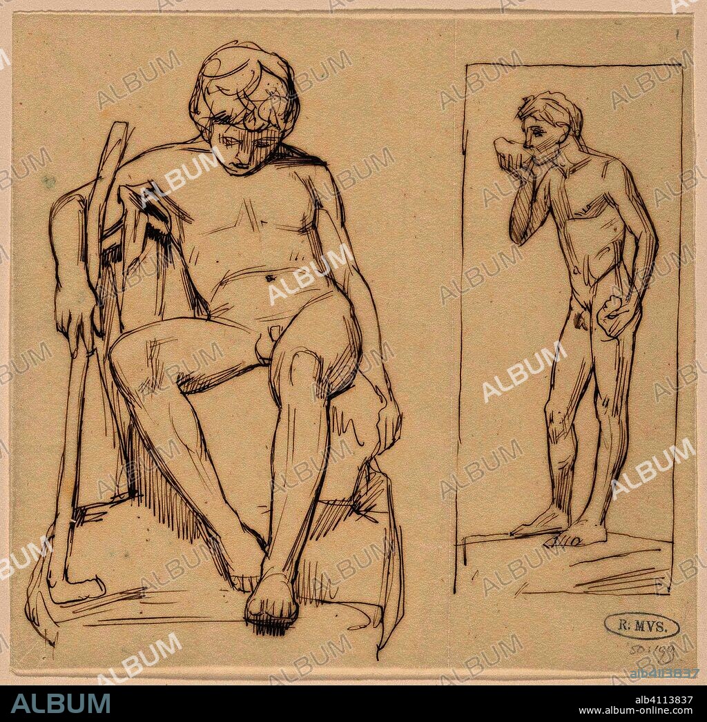 AUGUST ALLEBÉ. Sitting naked with stick and drinking standing naked.  Artist: anonymous. Draughtsman: August Allebé. Dating: 1848 - 1927.  Measurements: h 160 mm × w 166 mm. - Album alb4113837