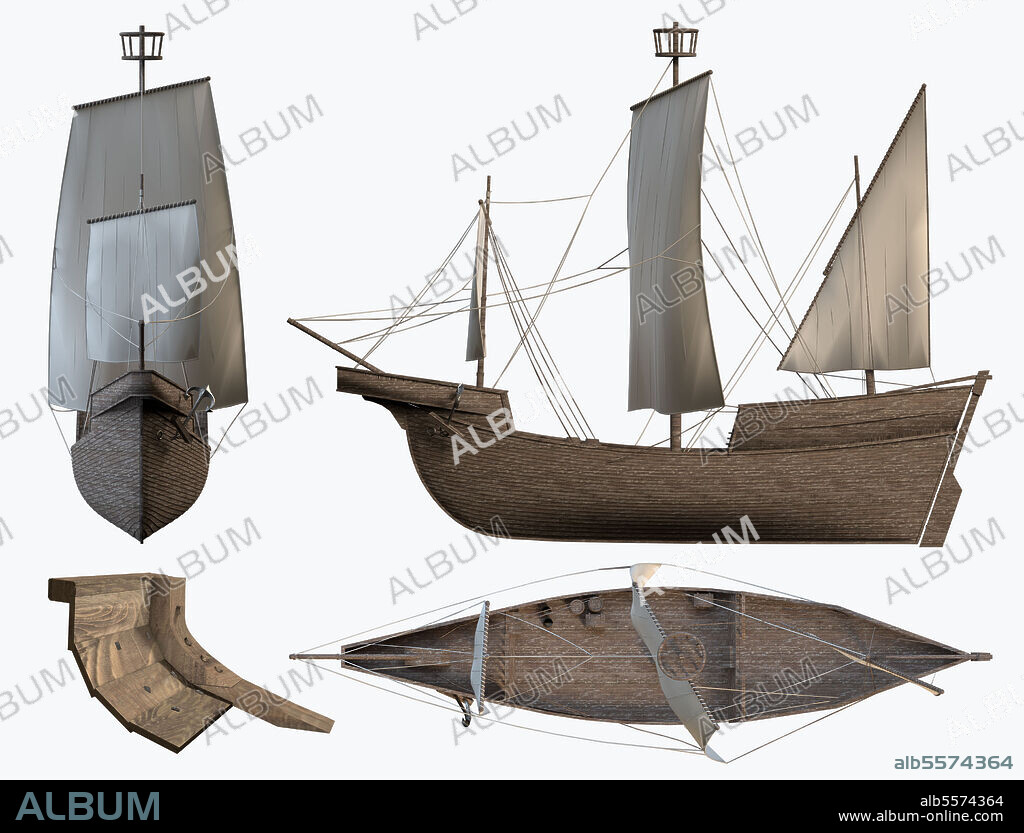 Maqueta del barco, Barceloneta I, contruido el año 1410. Embarcacio?n mercante. Eslora (longitud) de unos 30 metros y manga (anchura ma?xima) cercana a los 9 metros. Capacidad de carga de entre 150 y 300 botas (entre 62 y 124 toneladas).