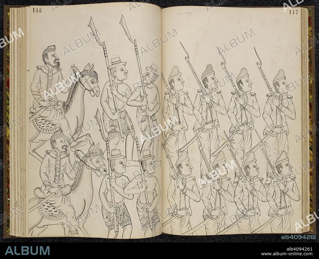 Humans fighting in Ravana's army, scene from the Ramakien (Thai version of the Ramayana). Ramakien (Thai version of the Ramayana). 1880. Materials: European paper Dimensions: 230 mm x 355 mm Script: Khom script, a variant of Khmer script used in Thailand in pencil. Source: Or. 14859 ff.146-147. Language: Thai.