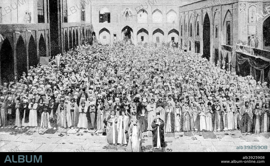 A congregation faces the holy Kaaba in Mecca's mosque, Saudi Arabia, 1922. From Peoples of All Nations, Their Life Today and the Story of Their Past, volume IV: Georgia to Italy, edited by JA Hammerton and published by the Educational Book Company (London, 1922).