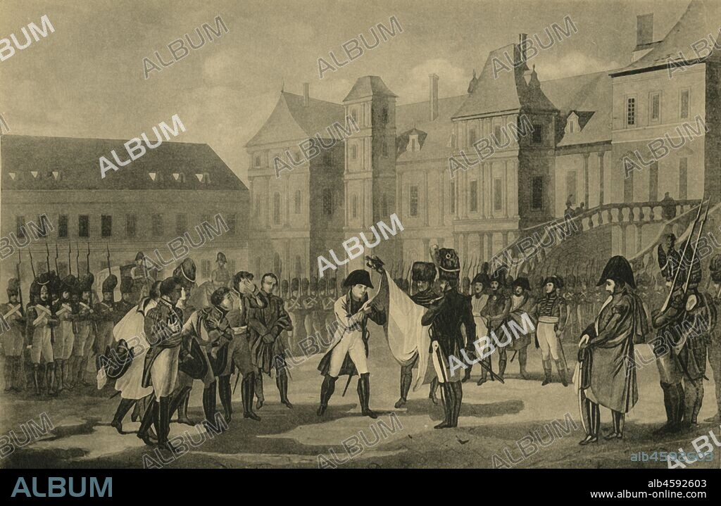 Napoleon's Departure from Fontainebleau, 20 April 1814, (1921). 'Les Adieux De L'Empereur A Son Armée à Fontainebleau'. Emperor Napoleon, standing at the centre of the courtyard of the Palace of Fontainebleau, bids farewell to his Old Guard, and seizes a battle flag presented to him by two soldiers. The defeat at the Battle of Leipzig and the subsequent invasion of France by the Allies culminated in Napoleon's abdication on 11 April. By the Treaty of Fontainebleau he was exiled and granted sovereignty of the island of Elba. Engraving made in 1815. From "Napoleon", by Raymond Guyot, [H. Floury, Paris, 1921].