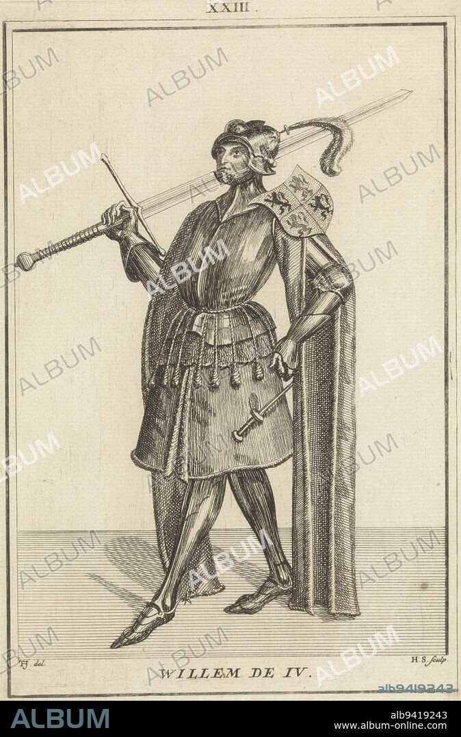 Portrait of William IV, Count of Holland, standing to the left in armor. On his shoulder the arms of Holland and Hainaut and in his hand a sword. Top center: XXIII. Portrait of William IV, Count of Holland., print maker: Hendrik Spilman, (mentioned on object), intermediary draughtsman: Tako Hajo Jelgersma, (mentioned on object), after: anonymous, Haarlem, 1745, paper, etching, h mm × w mm, h 192 mm × w 135 mm.